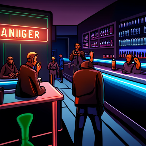 Thangkred sees a neon-lit bar with an array of liquor bottles behind the counter as he snaps his fingers, while NPCs around him continue on with their business. The bar is dimly lit, with a few patrons scattered around. The bartender is a humanoid with a sharp jawline and slicked-back hair. The bottles behind the counter are arranged in a neat row, each one glowing with its own unique color. 
