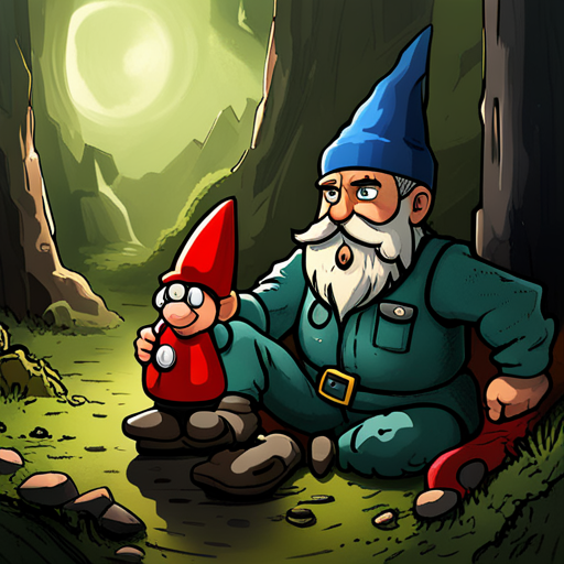 Enron looks up at Gnome, a small bearded fellow in blue coveralls and a pointy red hat. Gnome narrows his eyes before offering a quest to help his mushroom village. 
