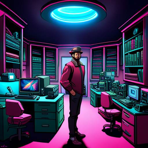 Zeb puts on the Fiction Quest Hat, feeling ready for adventure. He stands in Ben Brown's office, surrounded by action figures, books, and old computer devices. The standing desk dominates the space, with three large monitors and a floating touch screen. The room is lit in pink and cyan.