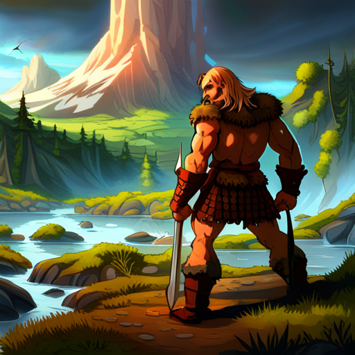 The hulking Barbarian points his sword towards the distant mountain, his fur loin cloth and tall boots contrasting with the enchanted forest backdrop. 
