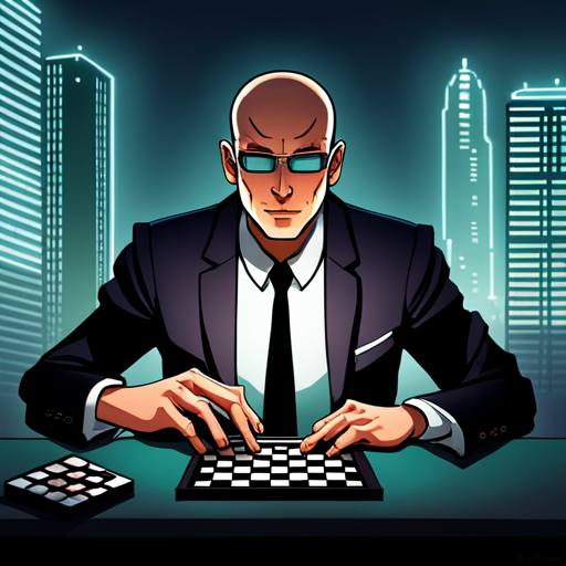 The gamemaster sits at his desk, his bald head reflecting the light from the screens. He wears a black suit and a serious expression as he studies the game board in front of him.
