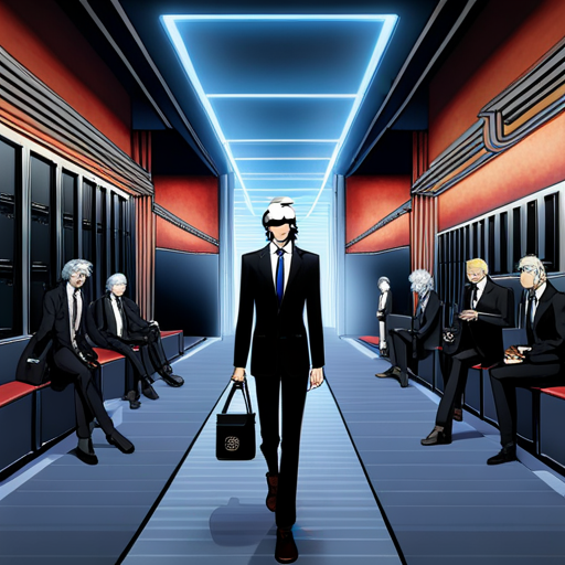 A figure with long, flowing white hair and piercing blue eyes stands at the entrance of The Chatsubo. They wear a sleek black suit and carry a small black bag. The figure's gaze is intense as they scan the room, their attention focused on wrewdison. Ratz watches closely, ready to intervene if necessary. The atmosphere in the bar becomes even more tense as the figure approaches wrewdison and the bar.

