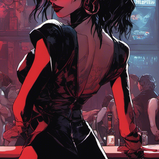 The bartender, a tall and slender figure with jet black hair and dark eye makeup, leans casually on the counter. They are engaged in conversation with Thraeryn, a strikingly red-skinned individual. The dimly lit goth club, Devil's Night, serves as the backdrop, with a large stage above a crowded dance floor filled with thrashing goths. The bar, lined with bottles of various spirits, stretches along the far wall. It is a scene of darkness and intrigue, where vampires, witches, and all manner of interesting characters gather to embrace the night.