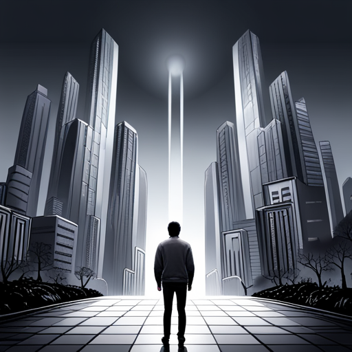 A man with broken glasses and a missing shoe stands in front of a shimmering portal, surrounded by a surge of energy. Through the portal, a bustling city with towering buildings and colorful characters awaits.