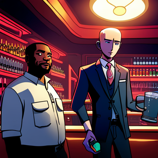 Wrewdison stands at the bar of The Chatsubo, receiving a glass of Angel's Envy Cask Strength from Ratz. The gruff bartender, with his shaven head and robotic arm, warns of unsavory characters as he collects payment. Zeb and other deck jockeys can be seen in the background, illuminated by dim red lights and loud electronic music.
