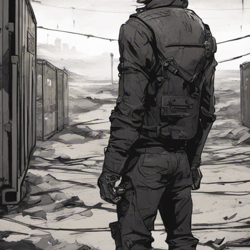 Andy stands confidently in the wasteland, their dark windblown hair and piercing gaze adding intrigue to the desolate landscape. The outpost made of rotting shipping containers provides a backdrop, with tire marks leading out the back through a gate in the razor wire fence.