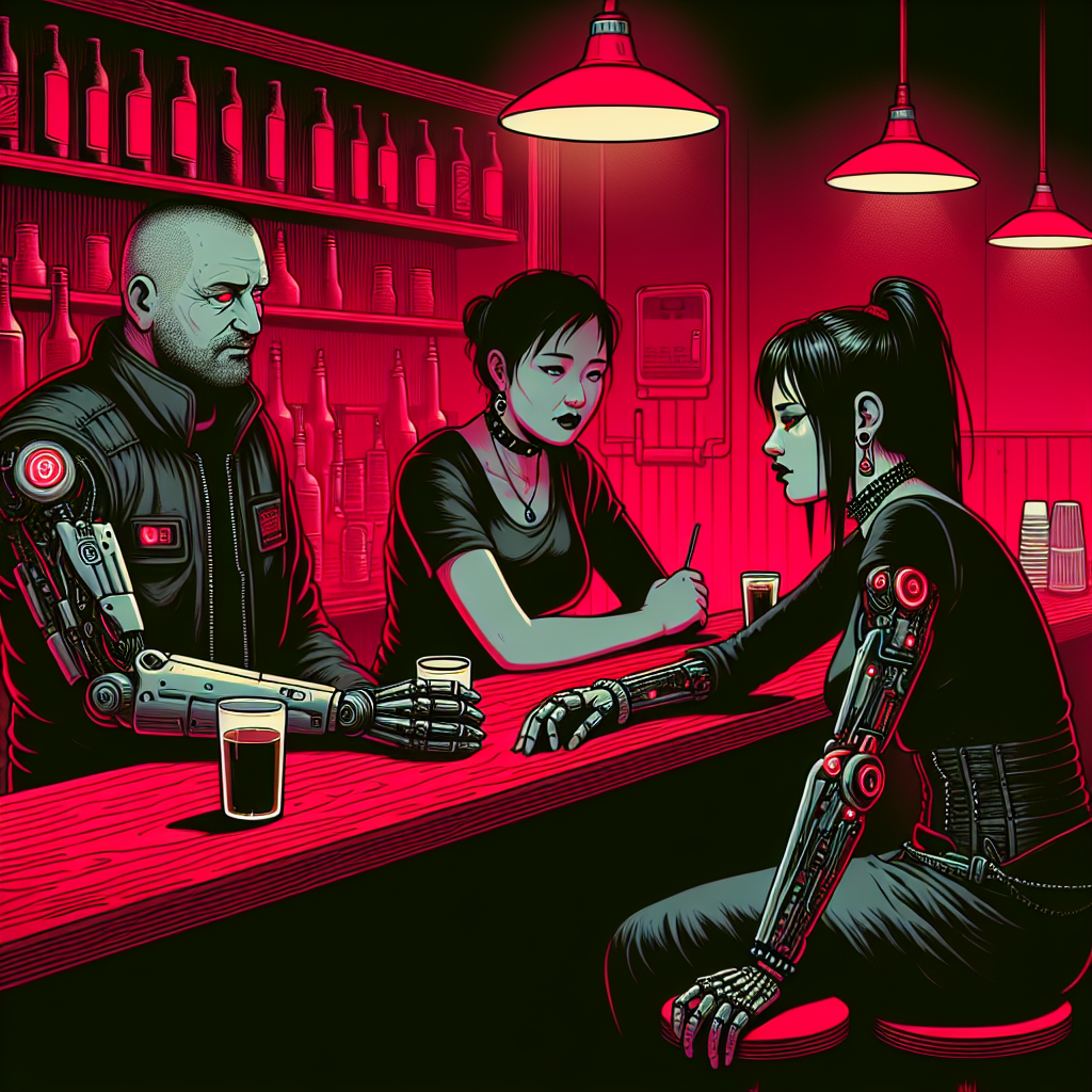 1. Dim red lights bathe a small bar, a long wooden counter stretching across. A shaven-headed bartender with a robotic arm stands behind it. A middle-aged goth in black, a USB necklace visible, leans against the bar. A drunk man slumbers nearby, head resting in a wet patch.