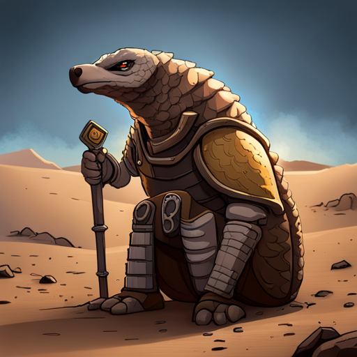 A human-sized Pangolin mutant covered in armor-like scales and a long nose regards Thraeryn with a guarded look in the Deep Desert. 
