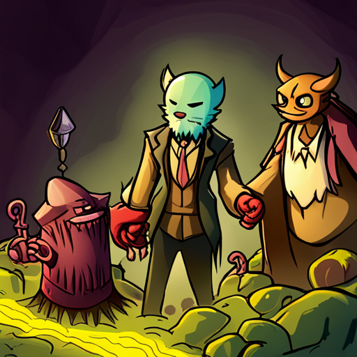In the heart of the alien technology, Mr. Whiskers sees a glowing object pulsing with intense energy. He approaches with caution, feeling the electricity coursing through his body and mind. Nearby, a cave axolotyl's frilly gills emit a faint green glow. Thraeryn, the incredibly red Villain of Hackers.Town, and Zeb, a bearded man with a spikey mohawk, are also present in the network of branching caves under the wasteland desert.