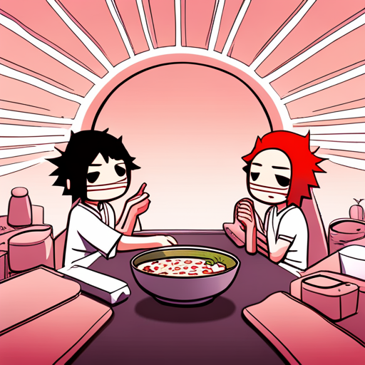 Lazarus sits in Ramen Heaven, inhaling the aroma of Tonkatsu ramen as Kappa cooks. Fredrick and Zeb chat nearby.
