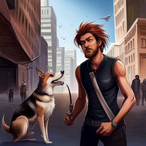 Dog, a medium-sized brown dog with black and white patches, wags her tail and looks up at Zeb with eager eyes as she barks happily in response to his command. She appears smart, as if she understands what is happening. The background is a dark Underground rift. Zeb, a bearded man with a spikey mohawk, is wearing a sleeveless black shirt and loose pants with lots of pockets.
