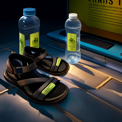 A pair of black leather sandals with crisscrossing straps lies on the ground, ready to be worn. Next to them, a clear plastic bottle of water stands upright, its label indicating its brand and nutritional information. A vending machine with a digital touch screen interface looms in the background, its trans-dimensional portal glowing mysteriously. In front of the machine, a flickering hologram of Ben Brown, a goth internet pioneer, stands, ready to answer questions. Another pair of sandals, this time made of fabric, rests on top of the vending machine, waiting to be claimed.