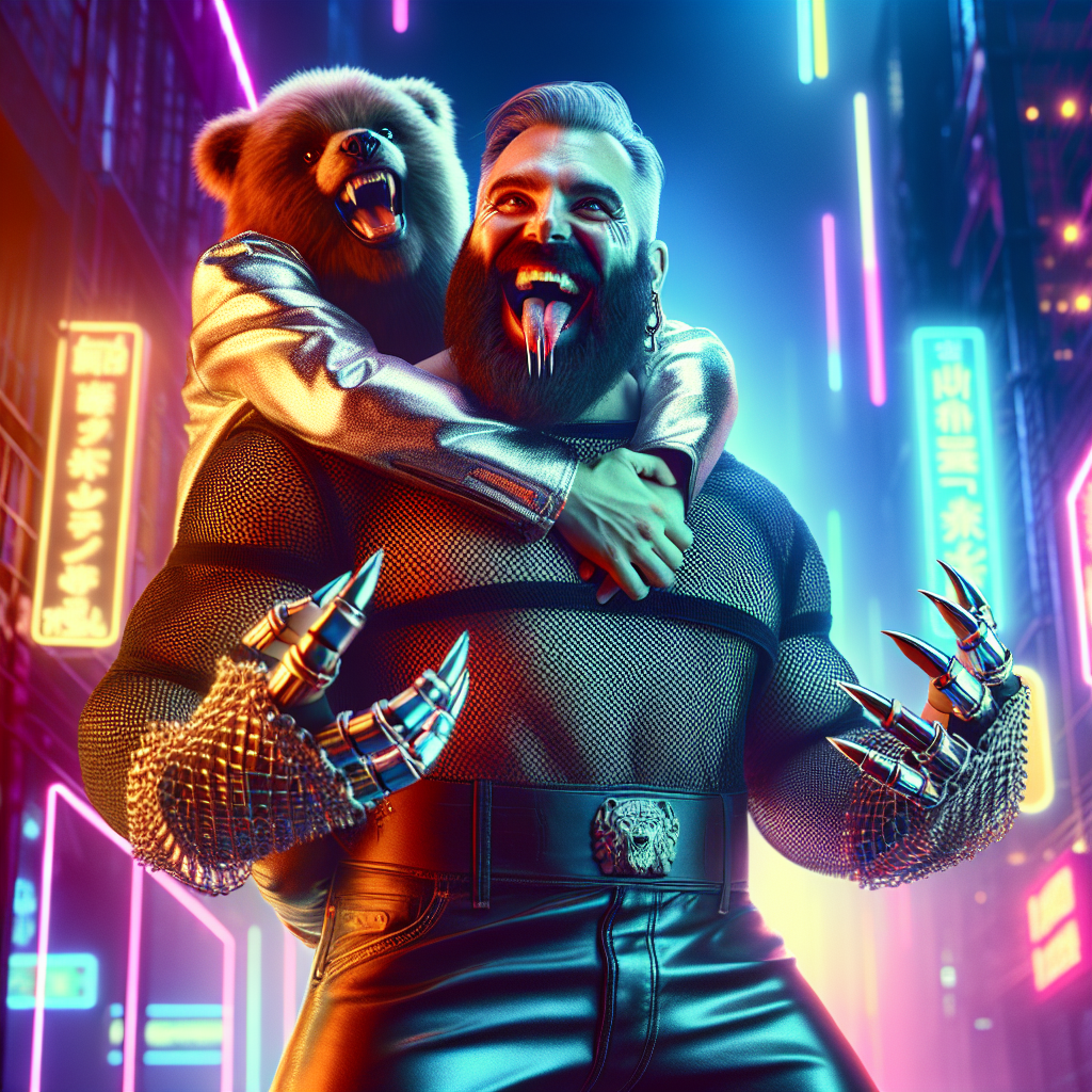 A rotund man in a mesh shirt and leather pants beams with a wide smile, his hands catching strobe light glints. His split tongue flickers amidst laughter as he bear-hugs a lifted companion.