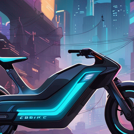 The sleek, futuristic eBike stands in the foreground, its wetware display on the handlebars flickering with vibrant colors. The display shows various information and options, showcasing its cutting-edge technology. In the background, The Bridge spans a wide, dark chasm, with shops and shelters encrusting the cables and support struts. A drone hovers nearby.