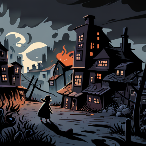 Wrewdison sees a chaotic scene of destruction. Flames leap high in the air, engulfing the mushroom houses in orange light. Smoke billows thick and black, shrouding the village in a sinister haze. Tiny figures scurry in all directions, their silhouettes stark against the fiery backdrop. The whole picture is one of frenzied panic and devastation.