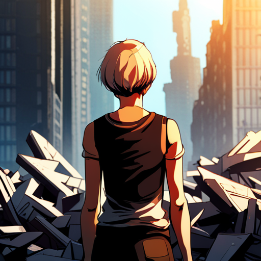 A woman with short blonde hair stands in front of a destroyed building, looking at her phone. Three observes from a distance, contemplating their next move.
