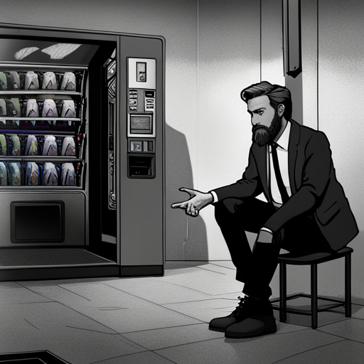 Crystal sees Ben Brown's hologram flickering in front of the vending machine with a scorpion defeated on the ground. Ben has a graying beard, nose ring, and black fingernails. The vending machine has a digital touch screen interface and can produce anything requested. 
