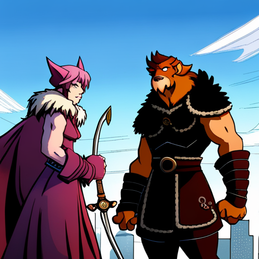 A towering barbarian in fur, boots, and sword turns to face Zeb, nodding approvingly. "Greetings, city dog!" he exclaims. 
