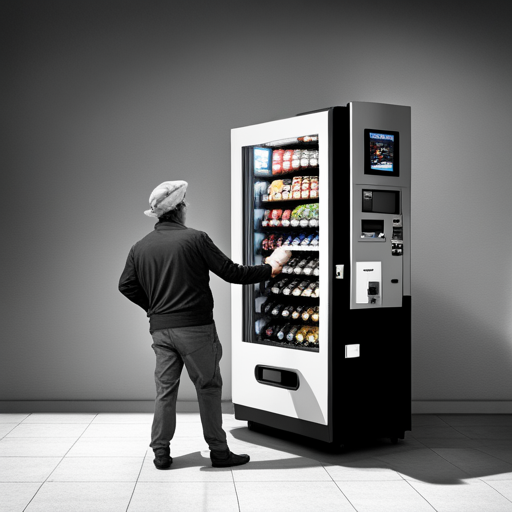 Wrewdison scans the vending machine's selection, disappointed to find no F-15E for sale. The machine offers snacks, drinks, and novelty items, but no fighter jets.