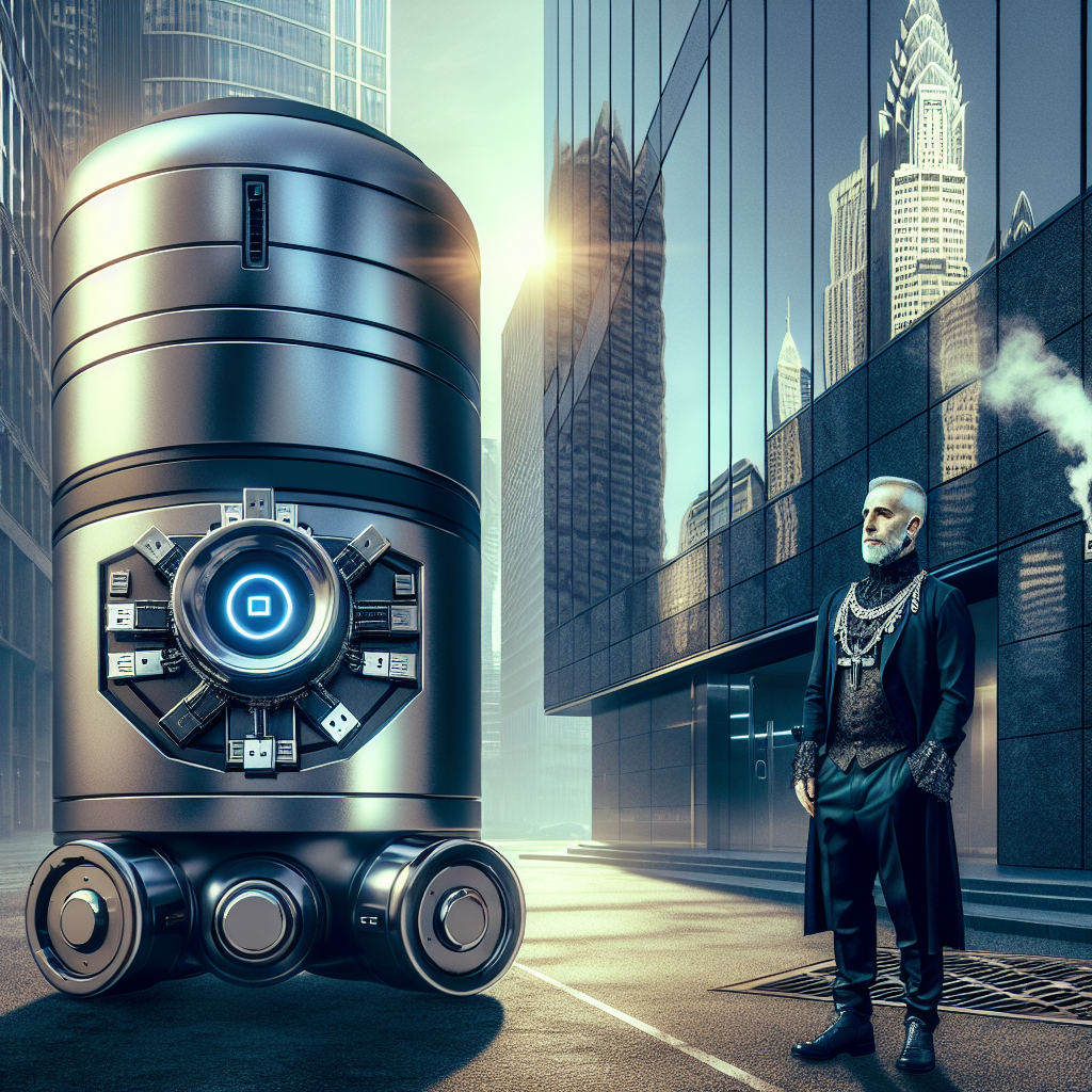 1. A cylindrical security bot patrols near a polished bank facade, reflecting skyscrapers and mid-day light. A middle-aged goth stands nearby, USB necklace glinting. Steam rises from an ajar manhole.