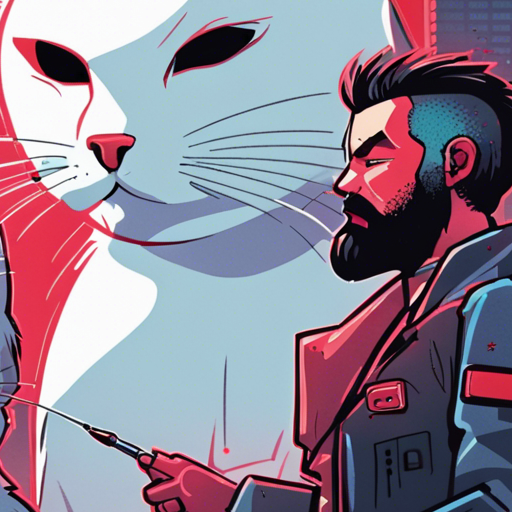 Molina, a white overweighted female cat, excitedly meows at Zeb, a bearded man with a short mohawk. They stand in the Corpo District, surrounded by skyscrapers covered in corporate logos. Molina pulls out a laser pointer, aiming the bright red dot onto the ground. With a mischievous glint in her eyes, she invites Zeb to join her in the hunt for virtual mice. The mid-day sun casts a warm glow on the scene, as steam leaks out of a slightly ajar manhole nearby. A holo billboard flickers in the background, adding to the futuristic atmosphere.