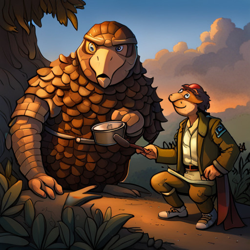 Wrewdison sees Pangolin inspecting the contents of the shelter, while the mechanic and buzzard look on. Pangolin is covered in armor-like scales with a long nose and sticky tongue. The mechanic is shirtless with leather pants and six piercings in his face. Pangolin remains skeptical of wrewdison's help despite his impressive shelter, asking for more proof of friendship.