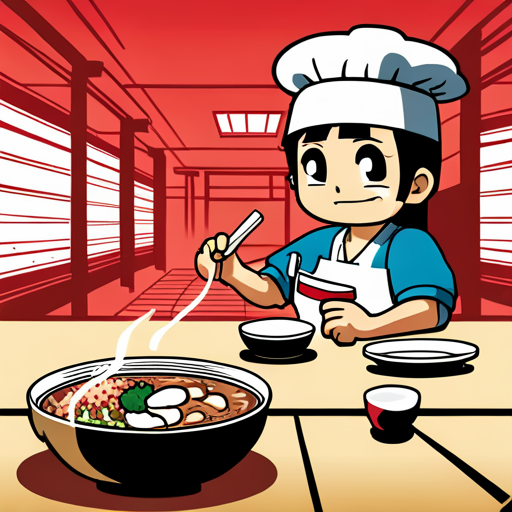 Insert sees Kappa, the ramen cook, preparing a delicious bowl of shoyu ramen in Ramen Heaven. The red and white mural of the sunrise on the wall adds to the cozy atmosphere. 
