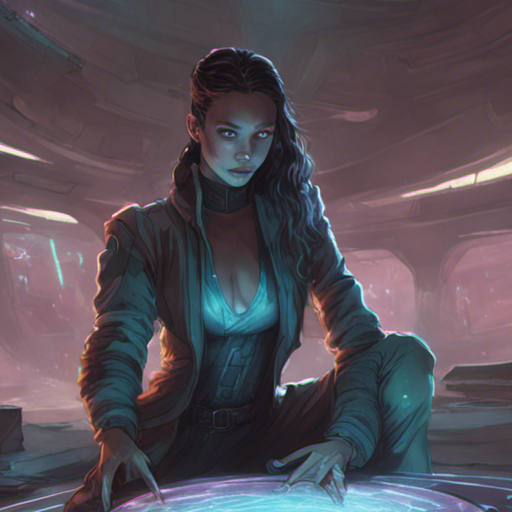 Thraeryn gently sets the holographic projector on the ground in front of the trader. The trader's eyes widen with excitement as she picks up the device and begins inspecting it with great curiosity, already envisioning the stunning visual effects it could create. The holographic projector, a sleek and futuristic device, glows softly in the sunlight. The Foothills landscape stretches out behind them, with rolling green hills and a clear blue sky. The air is crisp and filled with the scent of fresh grass.