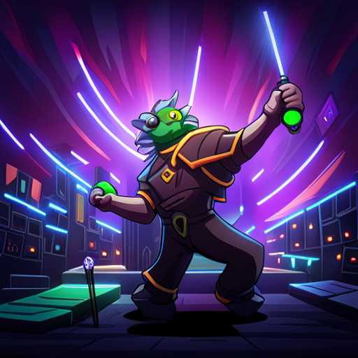 Zeb, his frustration evident on his face, raises his black steel mace high in the air. The spiked ball gleams in the neon lights of Cyberdelia as he swings it down towards the intangible virtual pet. The crowd watches in disbelief as the mace passes right through the creature, its wings fluttering in response. Murmurs of confusion fill the air as Zeb's attack proves ineffective.

