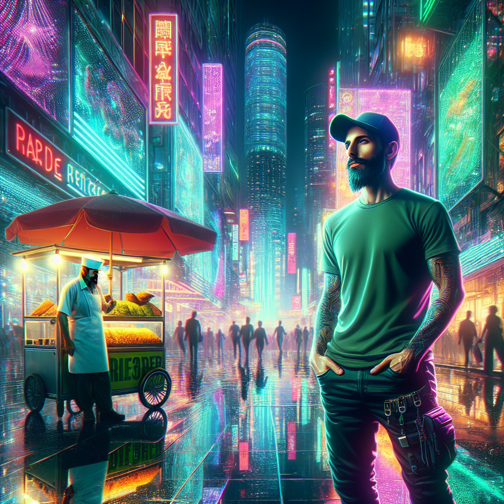 1. A bearded man in dark pants, a green t-shirt, and a baseball hat stands confidently amidst a bustling city night scene, with neon-lit nightclubs and a mustachioed falafel vendor by his cart under the reflective glow of city lights on damp streets.