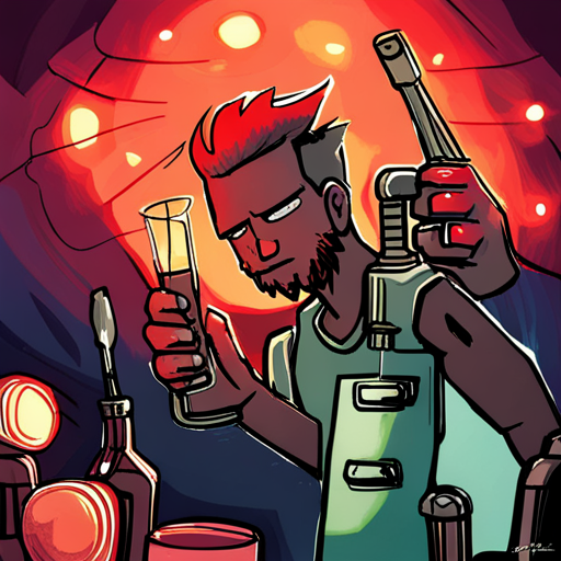 Zeb sees Ratz, a gruff figure with a robotic arm, pouring himself a shot of whiskey. Ratz raises his glass to Zeb, the bearded man with a spikey mohawk, as they clink glasses in the dim red lights of The Chatsubo.