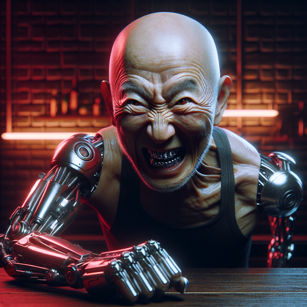 1. A bald man with squinty brown eyes and wrinkled skin pauses, robotic arm mid-motion. Steel teeth peek from a grimace. Dim red lights cast shadows over the sparsely populated bar, wooden surfaces reflecting the faint glow.