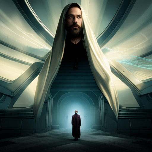 A holographic display glows in the center of a dimly lit room. A spider-like drone hovers overhead, while a bearded man in black stands with a tall figure draped in a flowing, white cloak.