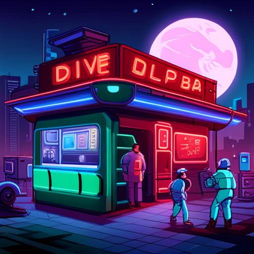 A neon-lit dive bar with a dilapidated building and a mix of shady characters. Falafel guy stands nearby with his food cart. 
