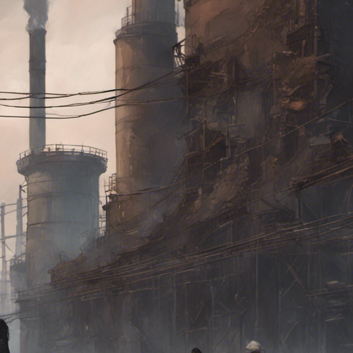 Thraeryn looks out at the paper mill, a towering structure with smoke billowing from its chimneys. The mill is surrounded by a chain-link fence, its metal rusted and peeling. A group of workers in tattered clothing can be seen through the fence, their faces smudged with dirt. The sky above is overcast, casting a gloomy light on the scene. The air is heavy with the smell of chemicals and the sound of machinery fills the air.