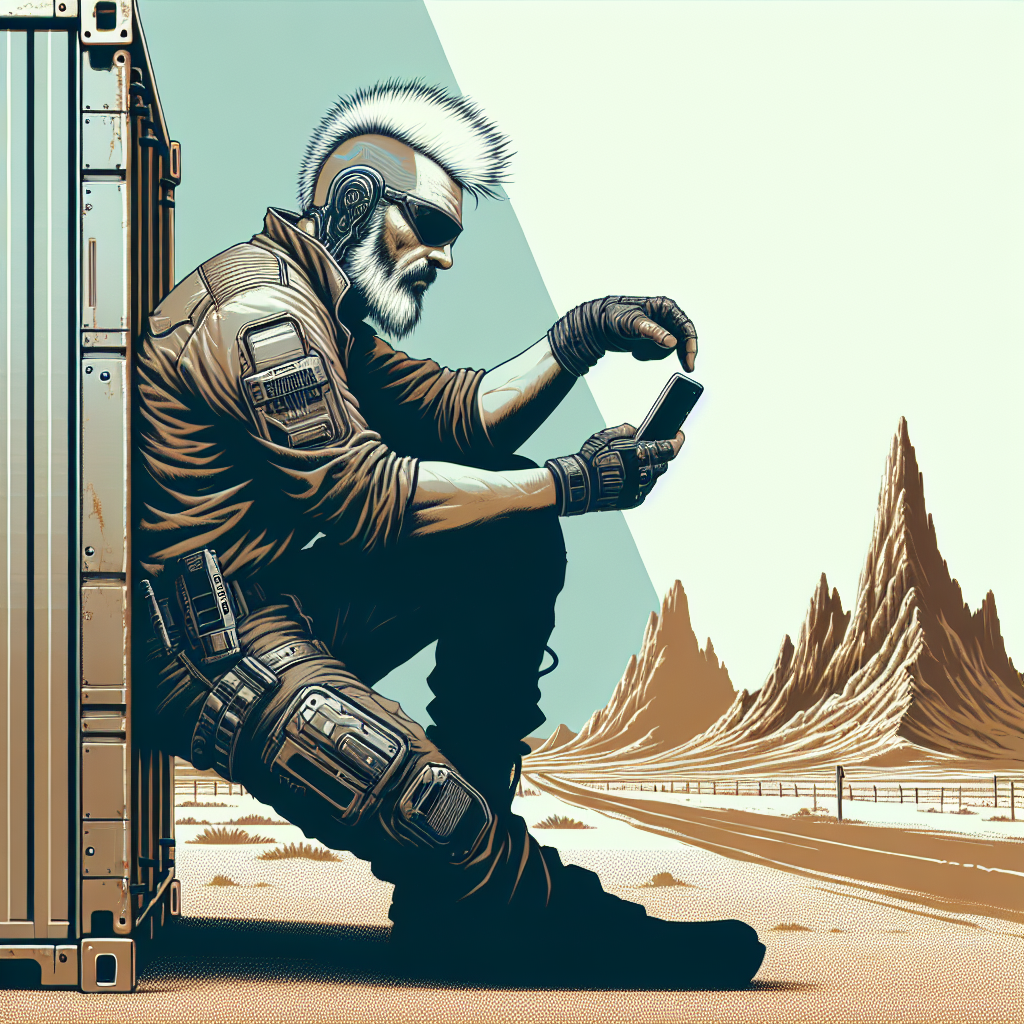 1. A middle-aged man with a short beard and fuzzy mohawk, highlighted by a white streak, stands against a metal shipping container arranged in an L shape. In his hands, a sleek, high-tech Senzo device captures his attention. Jagged mountains loom in the distance, under a vast, cloudless sky at the crossroads of dusty roads, dotted with sparse vegetation.