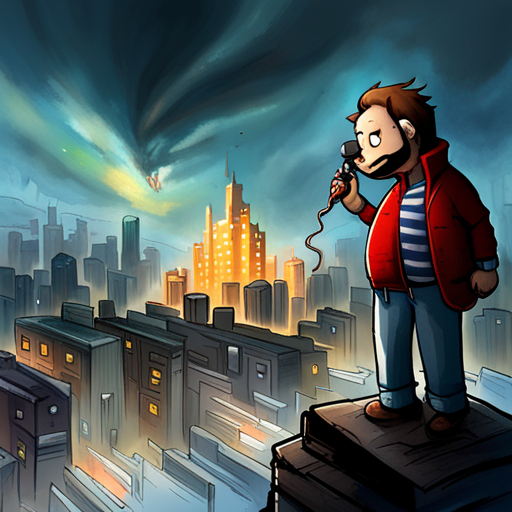 Mr Whiskers sees chaos and destruction as he looks around. The eastern docks are ablaze, ash fills the air, and explosions can be heard in the distance. A collapsed building smokes in the background. He notices a video game controller-like control unit in his hand, and an iPod in his pocket. A 200-foot-tall unkillable monster kaiju, resembling a mutated capybara, smashes buildings and roars fiercely. A 100-foot-tall mecha battle suit, shining white with gold highlights, wields a battle rifle and energy sword. Mr Whiskers, a bearded mountain man, takes in the scene.