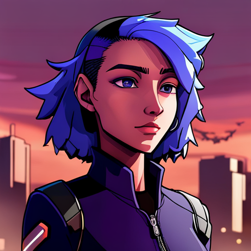 Wrewdison sees Starla, a cyberpunk woman with purple hair and a neoprene jacket, looking flattered and amused. Irq, a teenager who trains rats, is nearby. The scene takes place on an unused bridge with shops and shelters encrusting the cables and support struts. A drone and high-tech gadgets are also present.