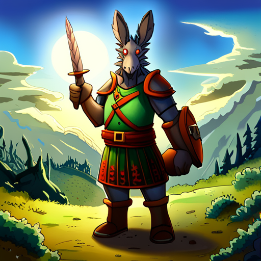 Donkules, a sarcastic donkeyman, stands tall with his spikey paldrons and battle kilt. His donkey head grins, raising an eyebrow, as he regales the crowd with snarky comments. Dust motes float in the sun-filled clearing of the enchanted forest.
