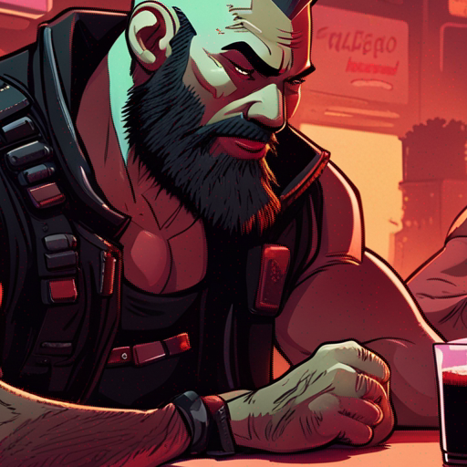 Zeb sits at the bar, a bearded man with a short mohawk, wearing a sleeveless black shirt and loose pants. Ratz, a gruff figure with a shaven head and squinty brown eyes, prepares a strong, black coffee with a splash of whiskey. The dim red lights of The Chatsubo illuminate the scene, as Ratz slides the steaming mug towards Zeb with a gruff smile.