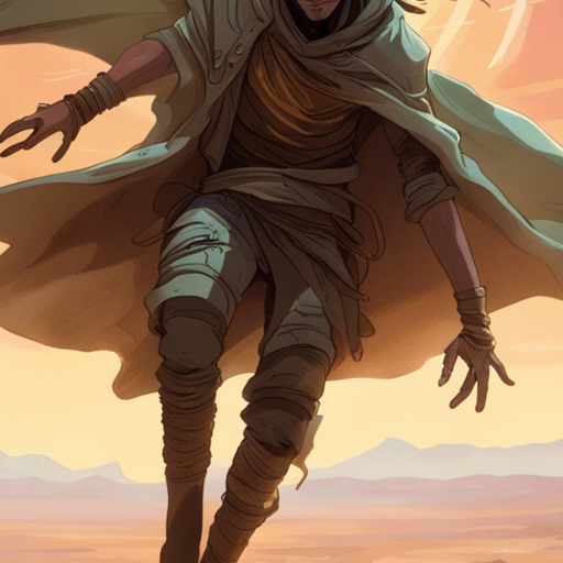 Thraeryn hovers in mid-air, his body bathed in a soft glow. His feet are lifted off the dusty road as he glides forward, propelled by his levitation spell. The desert landscape stretches out behind him, with jagged mountains in the distance. The wind carries his laughter as he embraces the magical journey ahead.