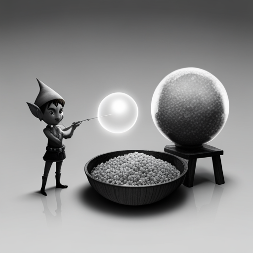 Basic Elf pokes the barrier around the glowing orb with a paperclip, but it remains intact. A wooden bowl of tabbouleh sits nearby, tempting their taste buds. Loading Screen's endless white expanse serves as the backdrop.
