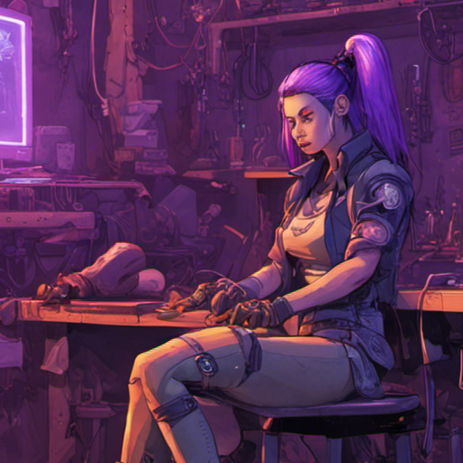 Zeb sits on a worn-out stool in Starla's workshop, surrounded by tools, gadgets, and cybernetic components. Starla, a cyberpunk woman with shoulder-length purple hair, gestures as she prepares to install something. The workshop is dimly lit, with neon lights reflecting off the metal surfaces. The bustling bridge can be seen in the background, filled with squatters and makeshift stalls. It's late afternoon, and the air is filled with a mix of excitement and tension.