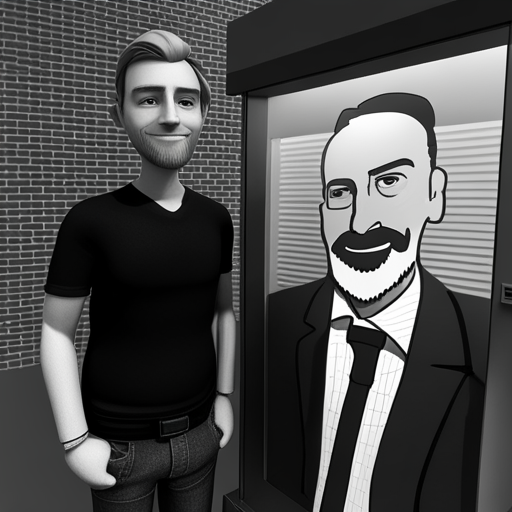 In front of Wrewdison stands a flickering hologram of Ben Brown, an internet pioneer from the 21st century. Ben has a gray beard and wears a black teeshirt and jeans. He greets Wrewdison with a friendly smile and offers assistance. Nearby is a vending machine with a digital touch screen interface.