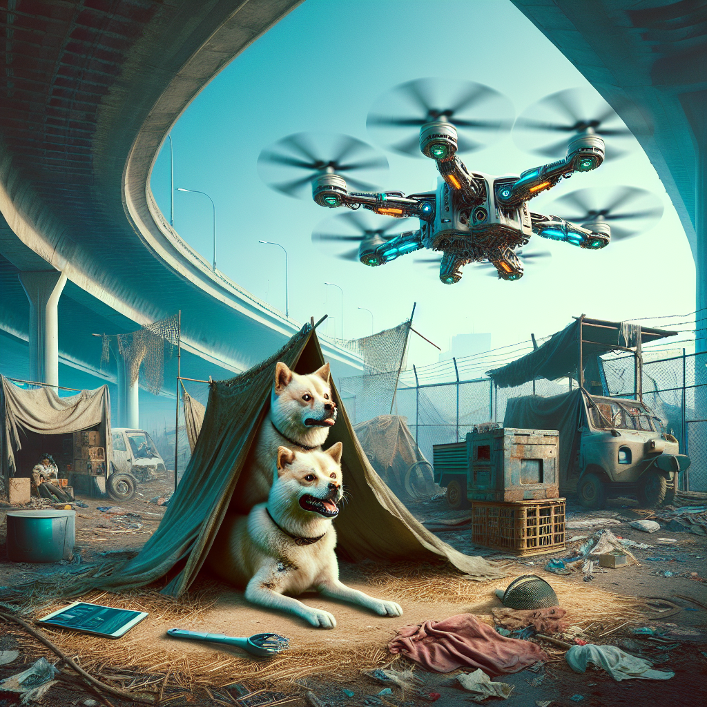 1. A three-headed dog with cybernetic enhancements lies amidst tent remnants, under a bridge with shops and shelters clinging to its structure. The drone hovers nearby, its rotors a blur.