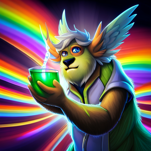 Zeb's face lights up as he takes a sip of the glowing chartreuse, feeling a surge of energy and excitement. Crystal's rainbow wings can be seen in the background. 
