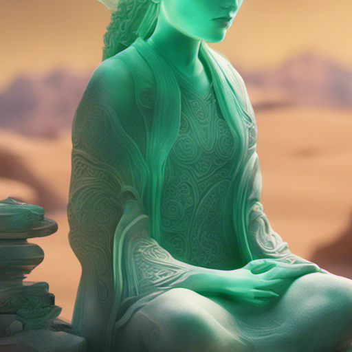 The jade figurine sits on a weathered crate, bathed in the soft glow of the drones' sensors. Its intricate carvings depict a serene landscape, with delicate details etched into the smooth jade surface. The figurine emits a gentle, calming energy, resonating with the harmony it symbolizes. In the background, the Desert Cave System stretches out, its dark and mysterious depths contrasting with the figurine's tranquility. The drones hover around, their metallic bodies reflecting the dim light, as Quanta contemplates the figurine's significance.