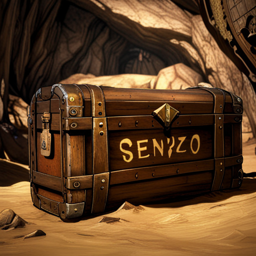 Basic Elf spots an old, locked crate with a worn Senzo Technologies logo in the Desert Cave System. Valuable treasure or tech may be inside.
