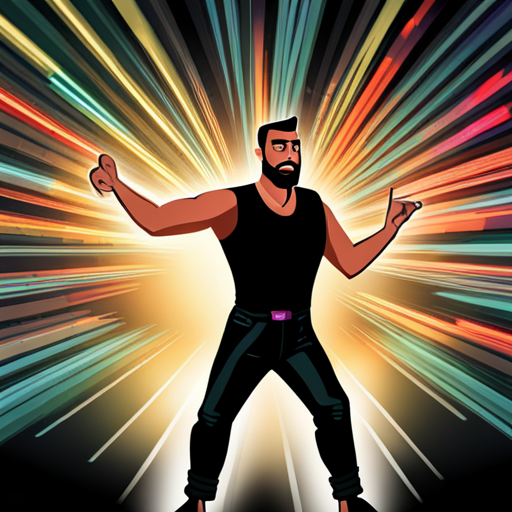 Zeb's eyes are drawn to the center of the dance floor, where a figure with a spikey mohawk and a bearded face moves with nostalgic grace. The vibrant lights illuminate his sleeveless black shirt and loose pants, as he channels the energy of the '90s through his synchronized dance moves. The crowd surrounds him, cheering and embracing the spirit of a bygone era. The club becomes a time capsule, transporting everyone back to the vibrant and unforgettable atmosphere of 1998.

