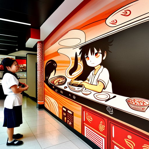 Insert looks around Ramen Heaven, taking in the cozy interior and the red and white sunrise mural on the wall. Kappa, the ramen cook, is busy at work. There's a plaque with a message in Japanese underneath the painting. 
